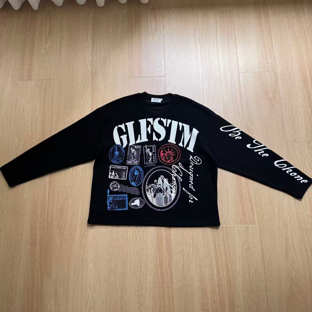 Vintage NYC Stamp Statue of Liberty Graphic Waffle Knit Long Sleeve - OMYGOODS