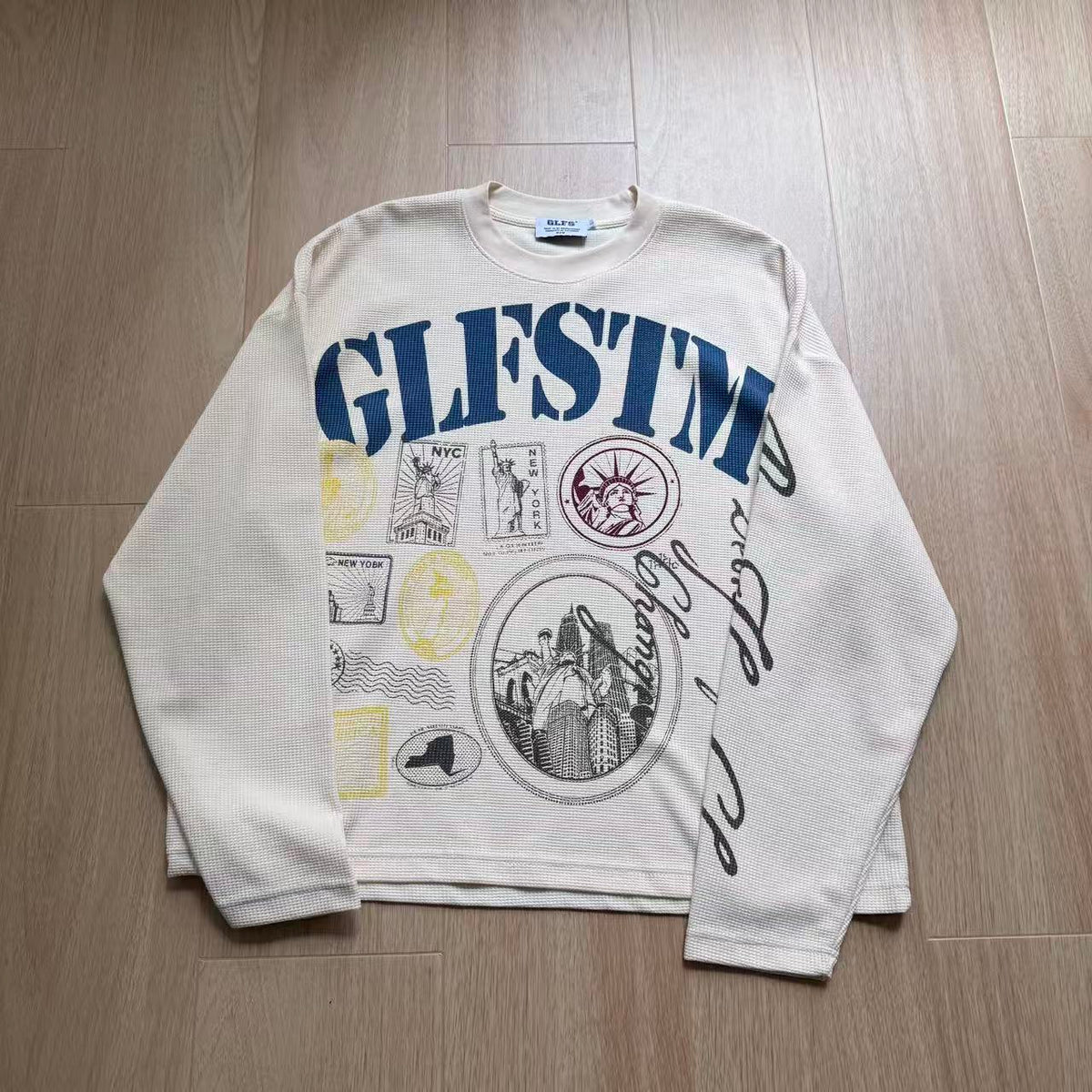 Vintage NYC Stamp Statue of Liberty Graphic Waffle Knit Long Sleeve - OMYGOODS