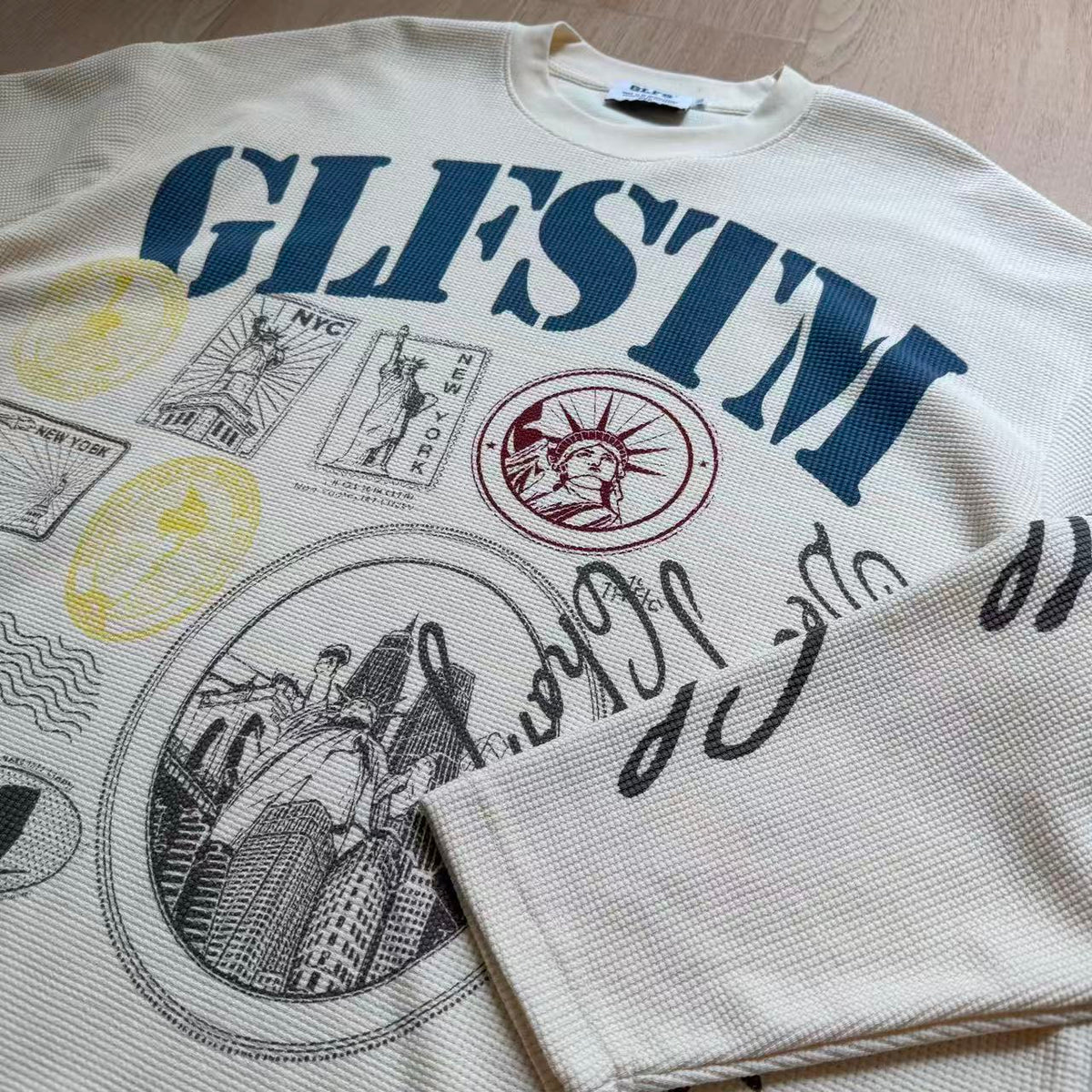 Vintage NYC Stamp Statue of Liberty Graphic Waffle Knit Long Sleeve - OMYGOODS