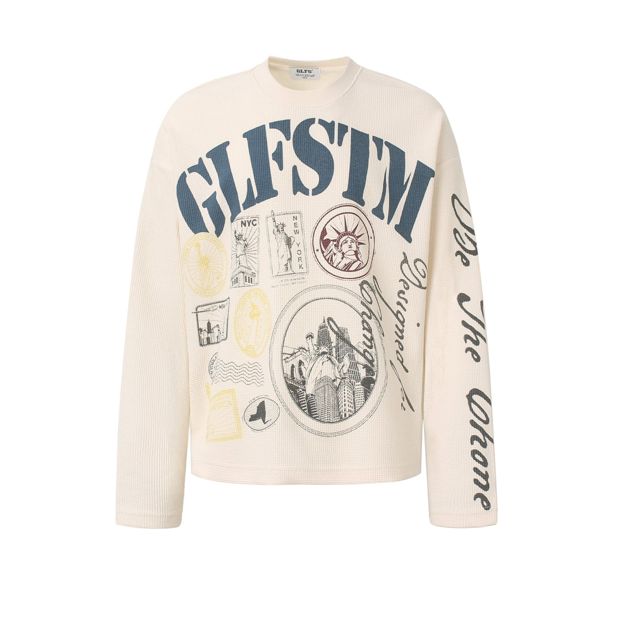 Vintage NYC Stamp Statue of Liberty Graphic Waffle Knit Long Sleeve - OMYGOODS