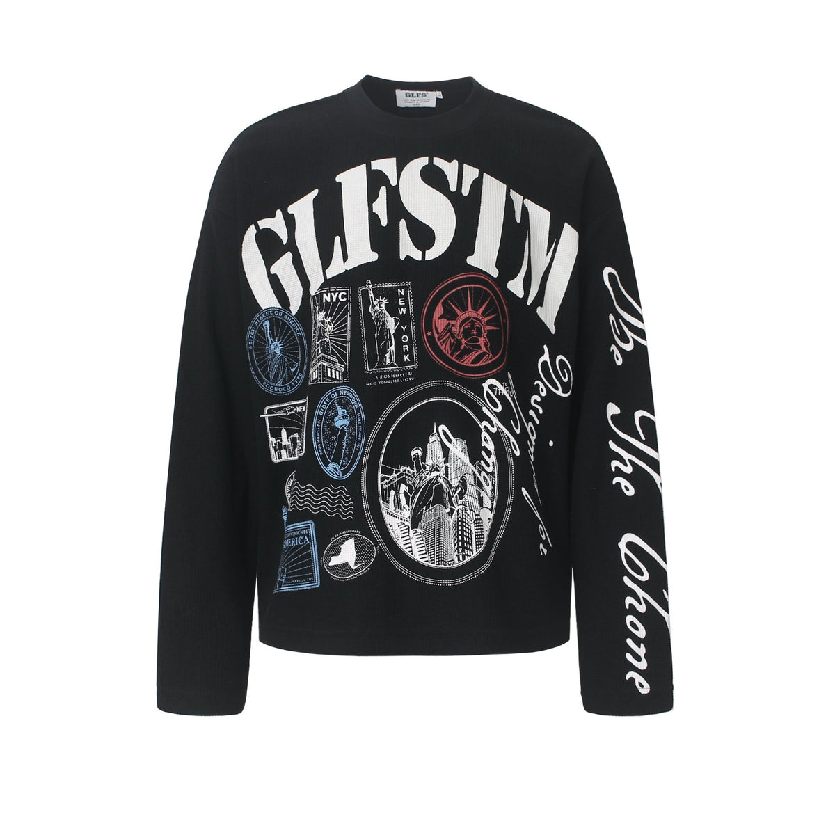Vintage NYC Stamp Statue of Liberty Graphic Waffle Knit Long Sleeve - OMYGOODS
