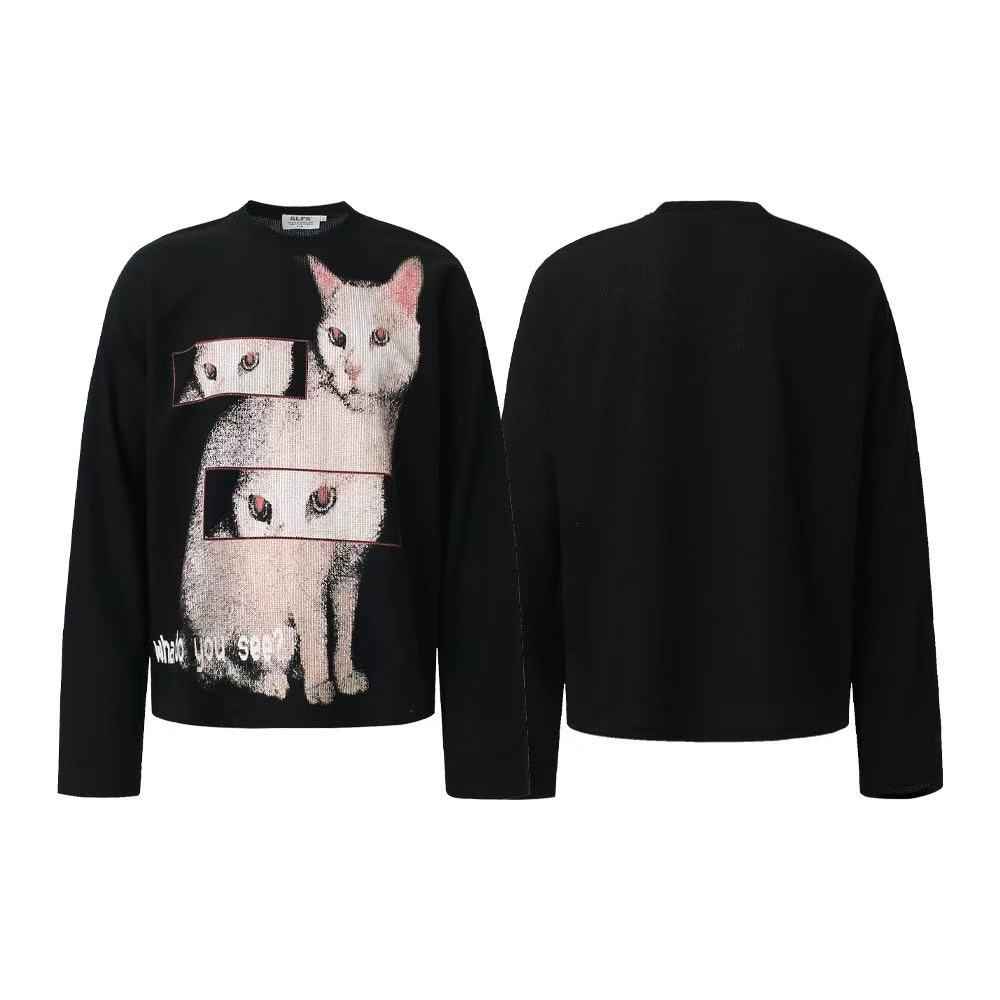 Distorted Cat Graphic Waffle Knit Long Sleeve - OMYGOODS