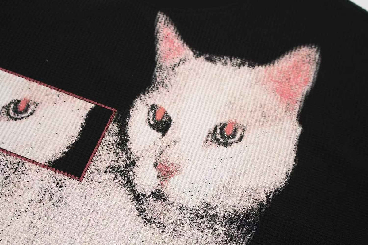 Distorted Cat Graphic Waffle Knit Long Sleeve - OMYGOODS