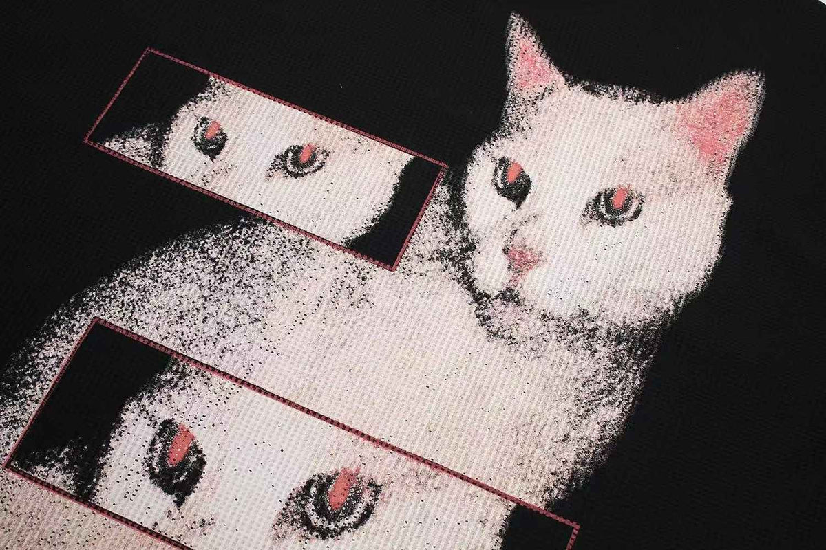 Distorted Cat Graphic Waffle Knit Long Sleeve - OMYGOODS