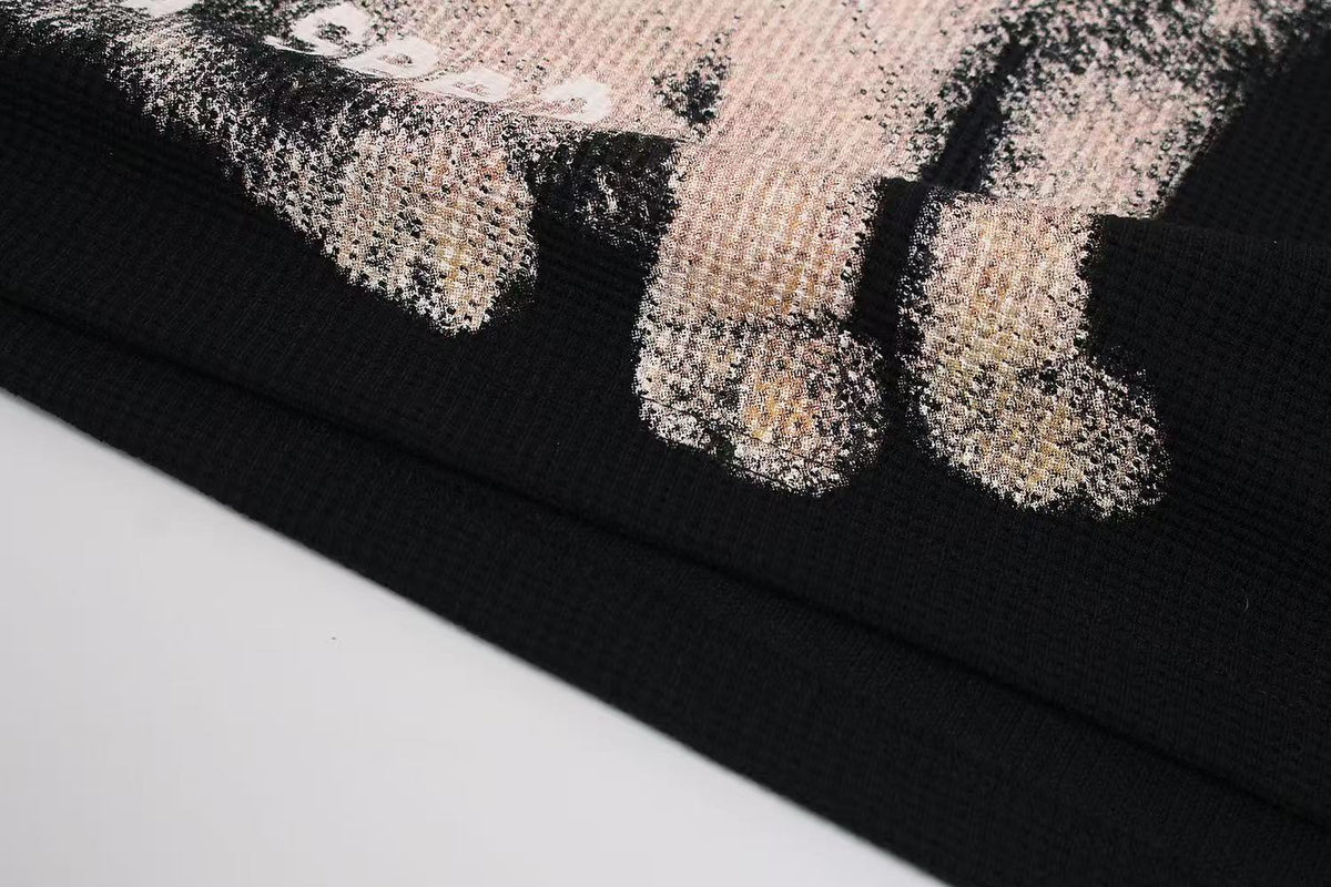 Distorted Cat Graphic Waffle Knit Long Sleeve - OMYGOODS