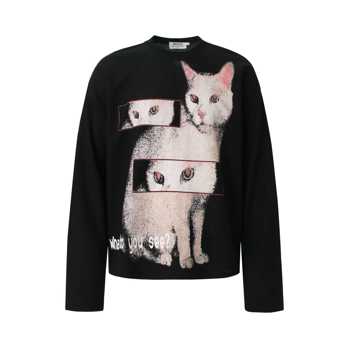 Distorted Cat Graphic Waffle Knit Long Sleeve - OMYGOODS
