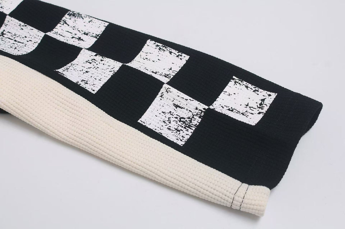 Color Block Skeleton Horse Racing Graphic Waffle Knit Long Sleeve - OMYGOODS