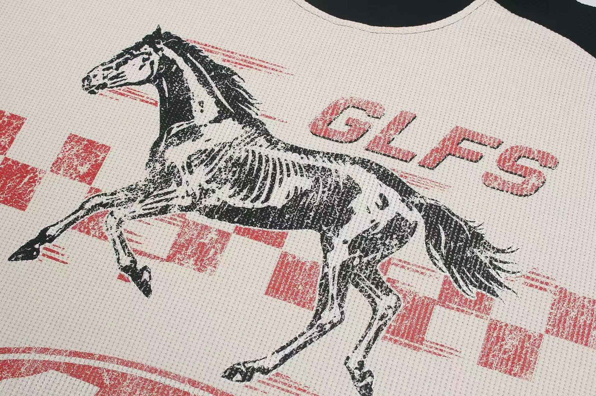 Color Block Skeleton Horse Racing Graphic Waffle Knit Long Sleeve