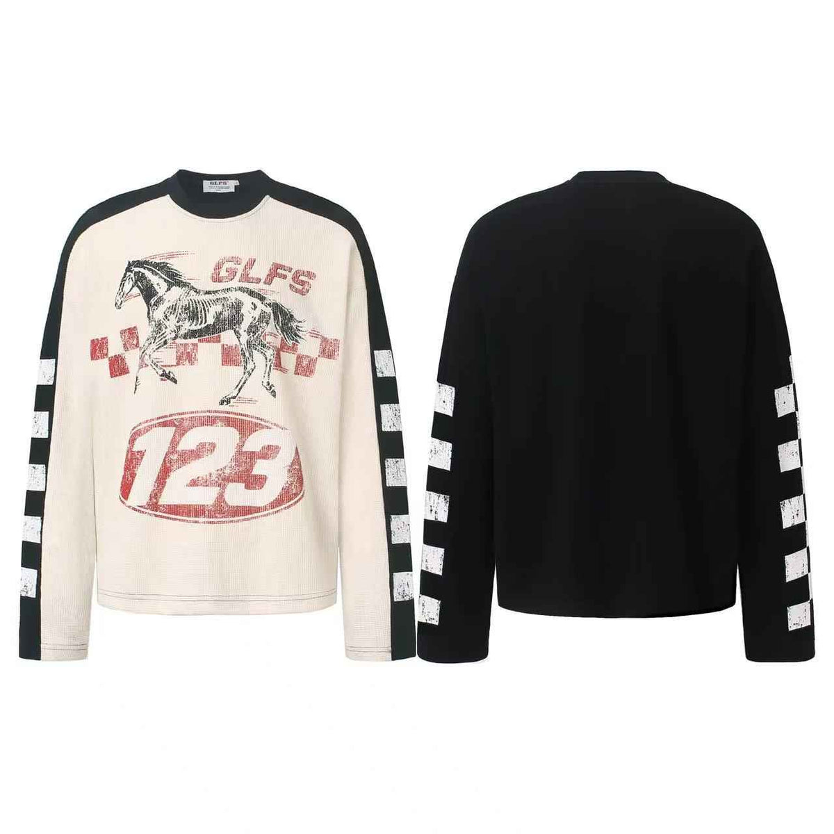 Color Block Skeleton Horse Racing Graphic Waffle Knit Long Sleeve