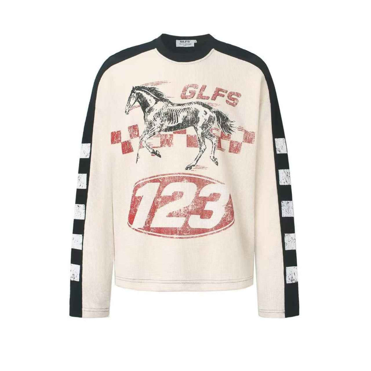 Color Block Skeleton Horse Racing Graphic Waffle Knit Long Sleeve