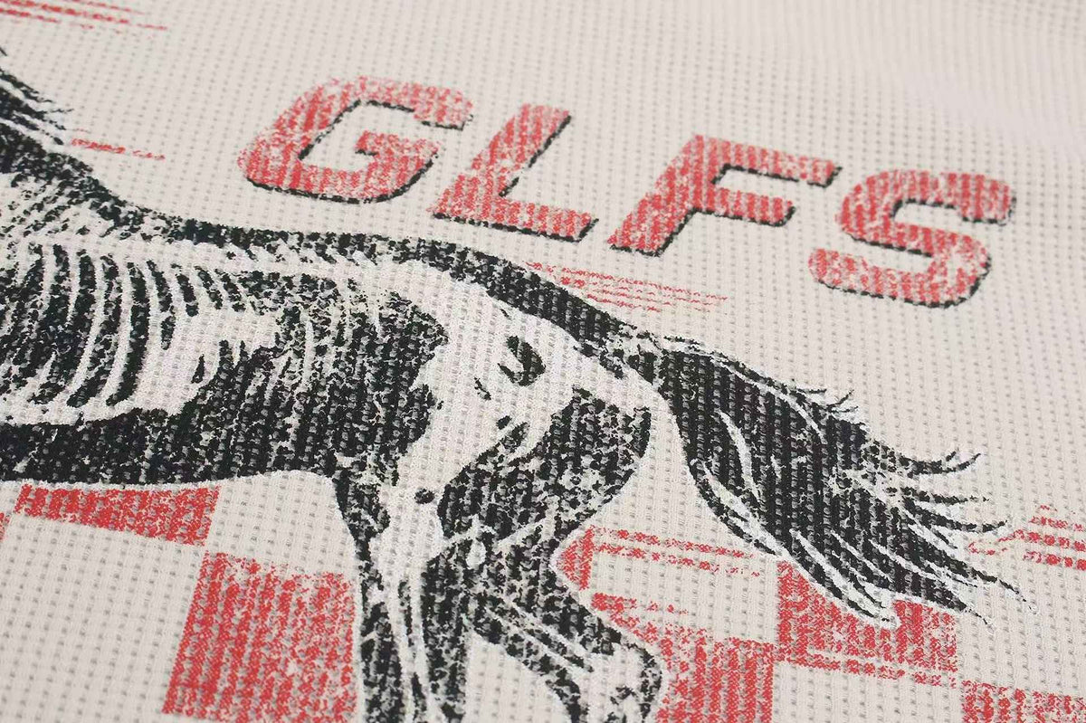 Color Block Skeleton Horse Racing Graphic Waffle Knit Long Sleeve