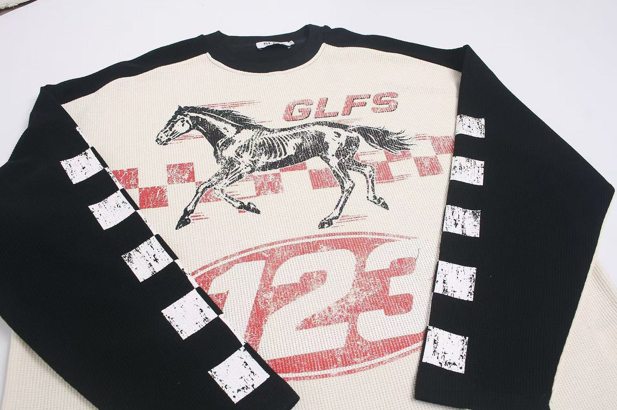 Color Block Skeleton Horse Racing Graphic Waffle Knit Long Sleeve - OMYGOODS