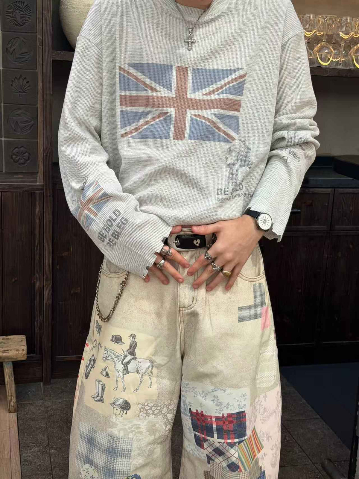 Streetwear Flag-print Long Sleeve Relaxed-Fit Shirt