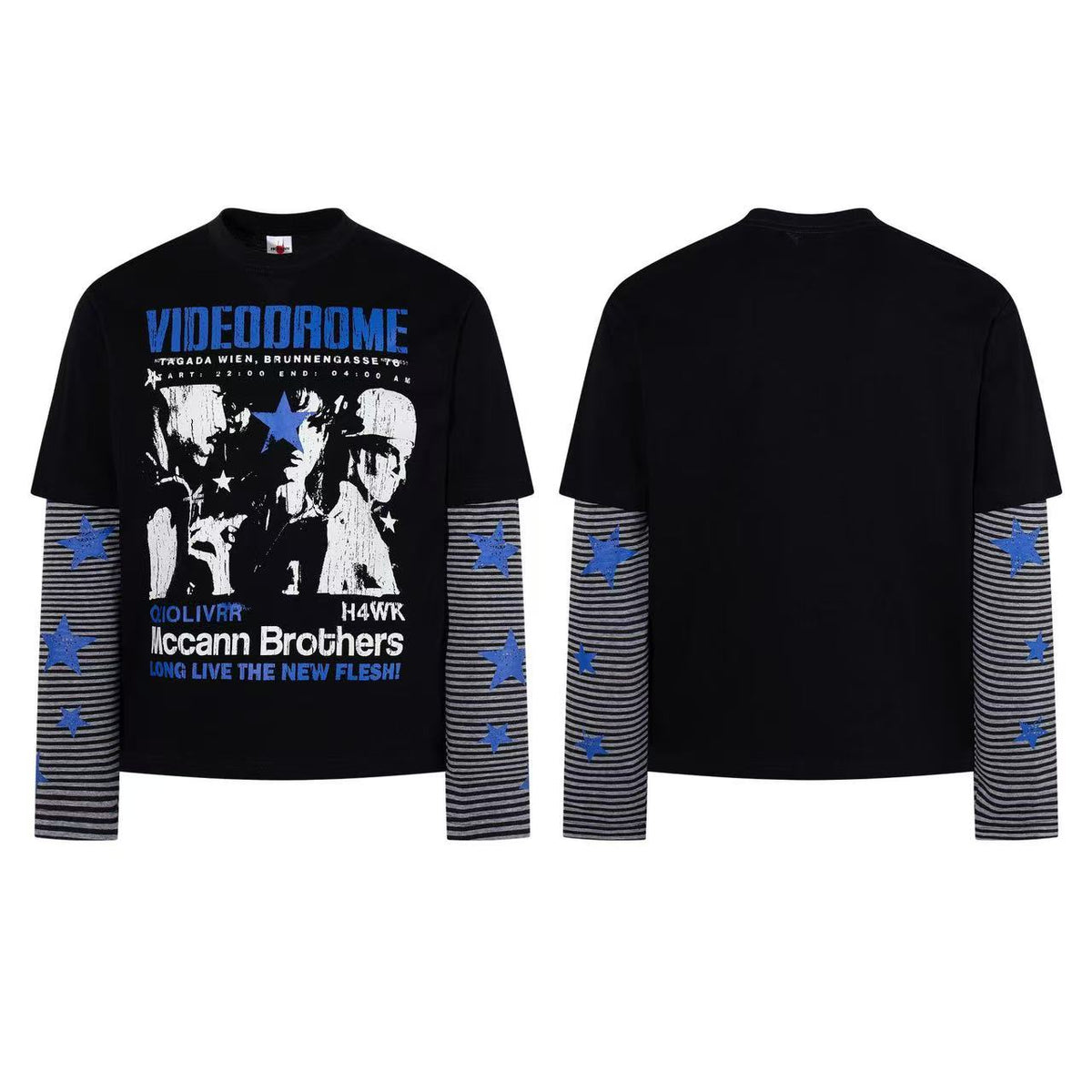 Vintage Graphic Star Striped Layered Fake Two-Piece Long Sleeve - OMYGOODS