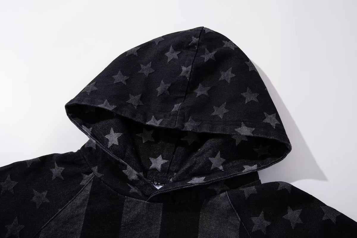 Vintage Washed Star and Vertical Stripe Raglan Hoodie - OMYGOODS