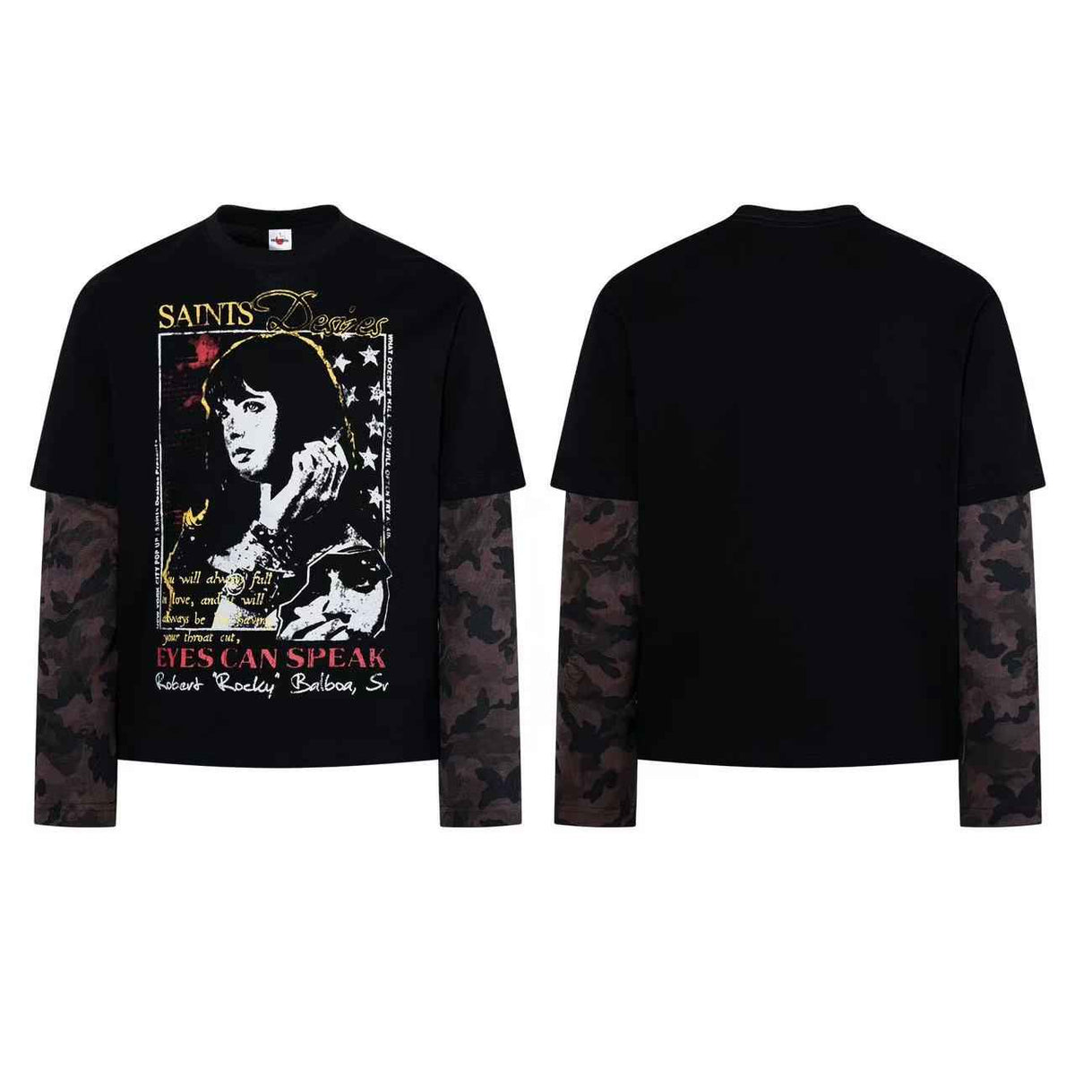 Vintage Poster Portrait Camo Sleeve Fake Two-Piece Long Sleeve