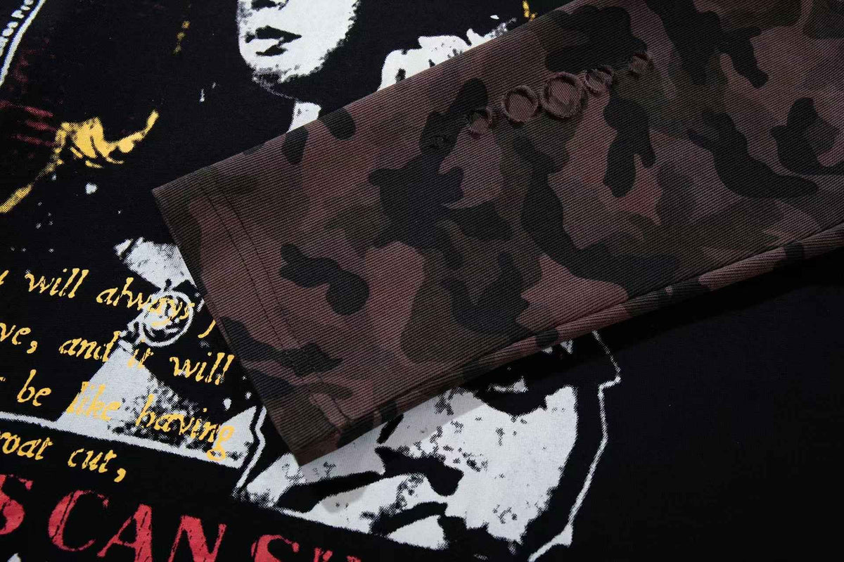 Vintage Poster Portrait Camo Sleeve Fake Two-Piece Long Sleeve