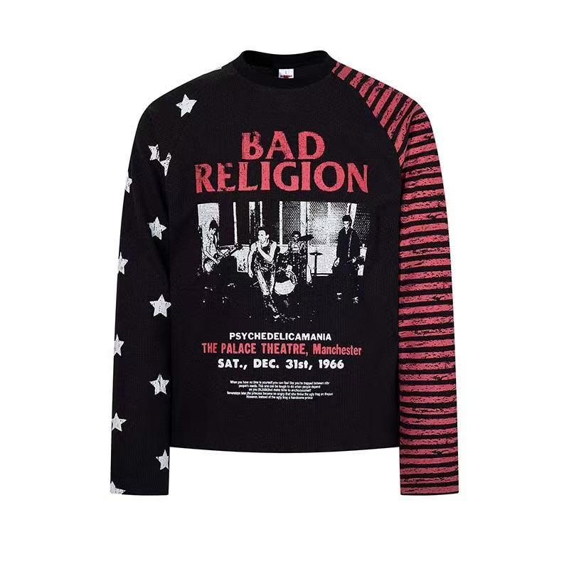 Vintage Band Poster Star Stripe Waffle Raglan Long Sleeve - OMYGOODS