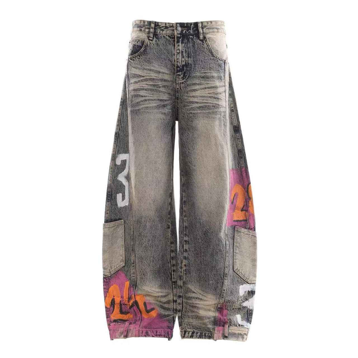 Vintage Washed Graffiti Number Print Multi Patch Pocket Baggy Wide Leg Jeans