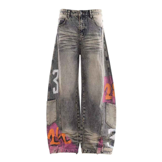 Vintage Washed Graffiti Number Print Multi Patch Pocket Baggy Wide Leg Jeans