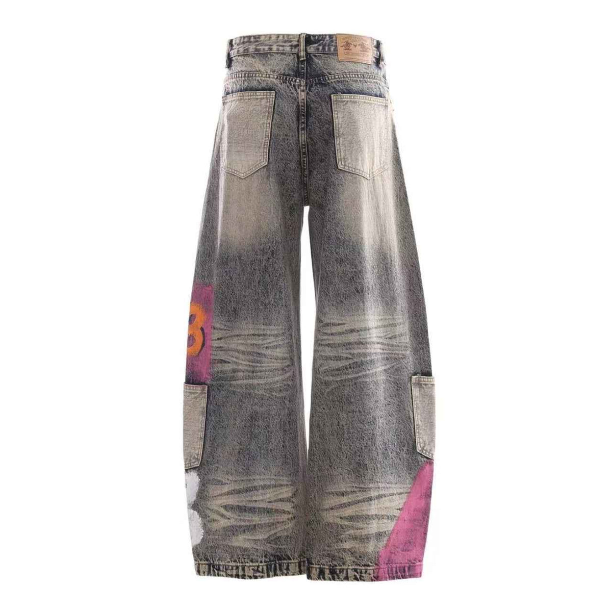 Vintage Washed Graffiti Number Print Multi Patch Pocket Baggy Wide Leg Jeans