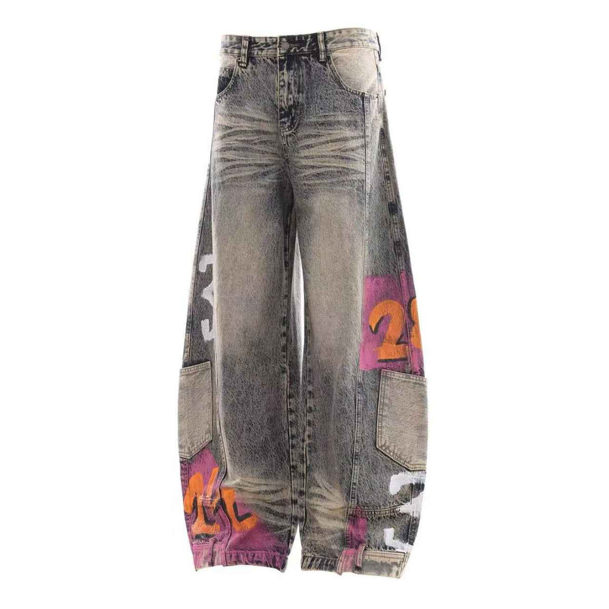 Vintage Washed Graffiti Number Print Multi Patch Pocket Baggy Wide Leg Jeans