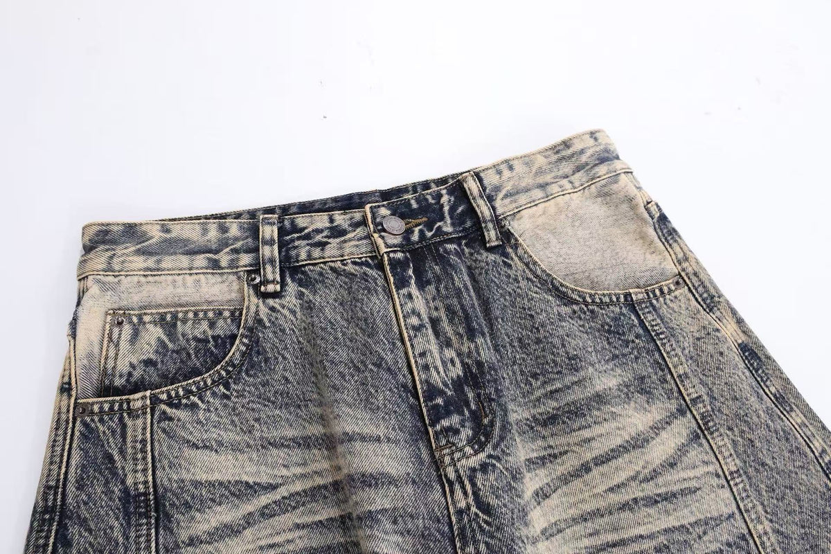 Vintage Washed Graffiti Number Print Multi Patch Pocket Baggy Wide Leg Jeans - OMYGOODS