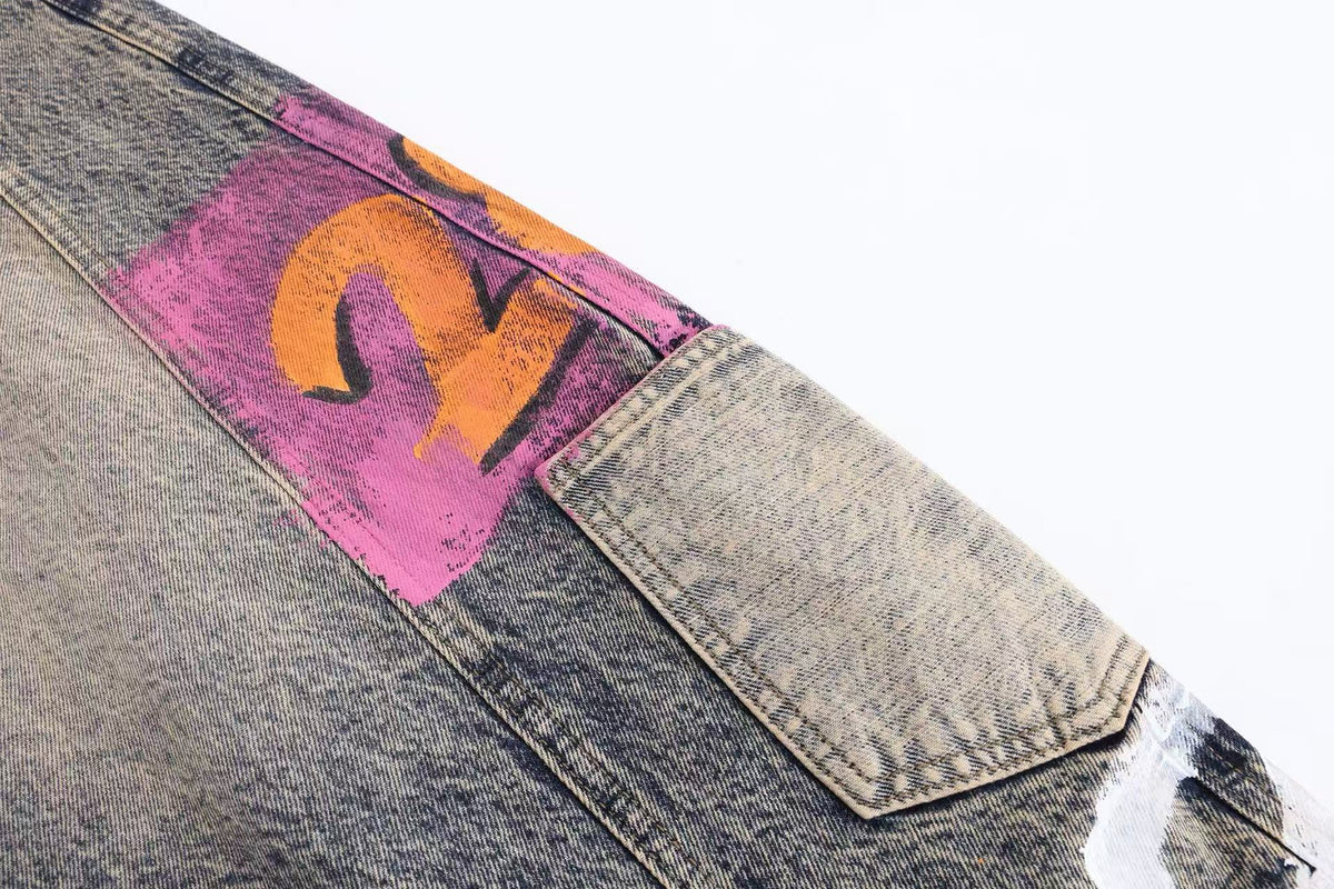 Vintage Washed Graffiti Number Print Multi Patch Pocket Baggy Wide Leg Jeans - OMYGOODS