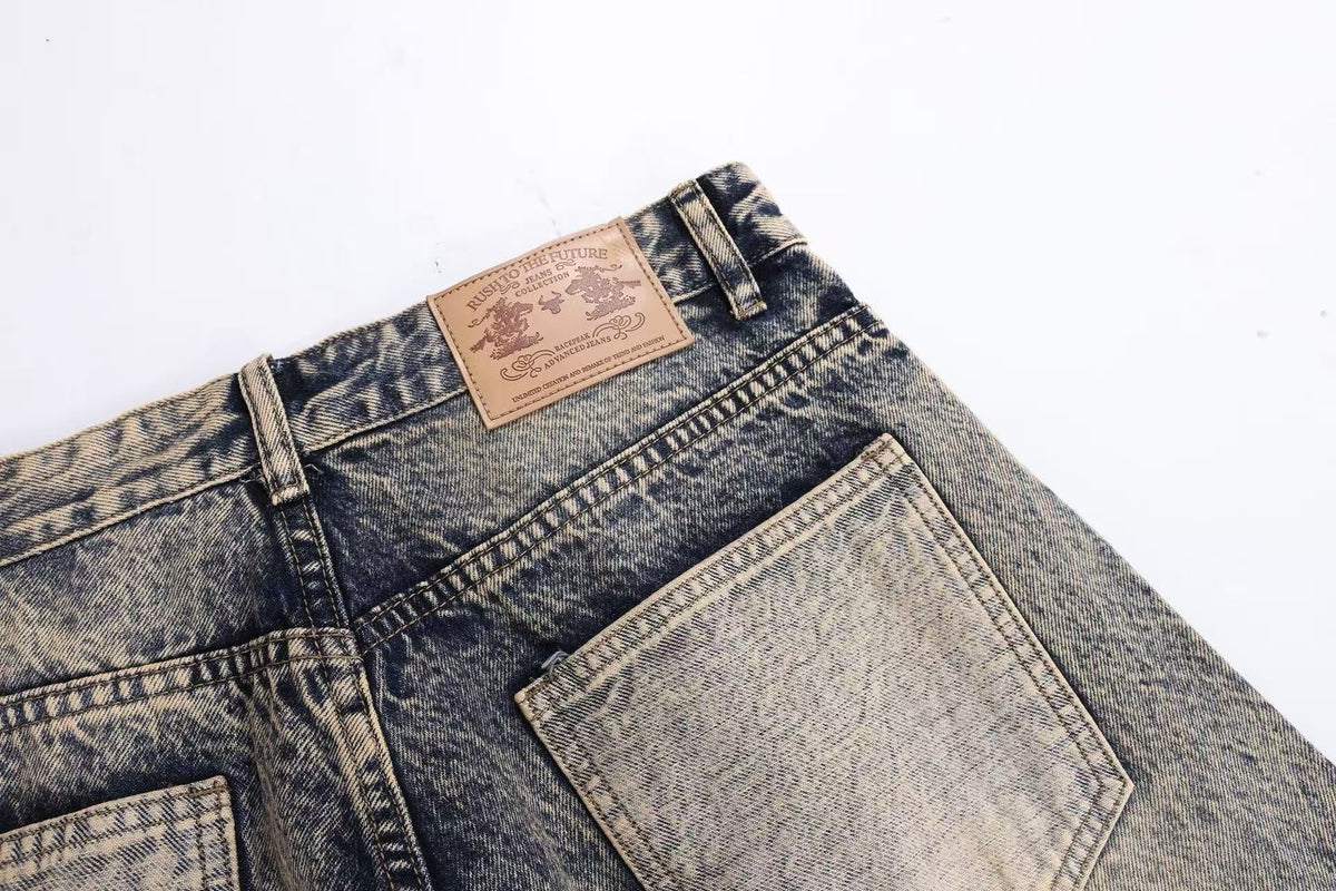 Vintage Washed Graffiti Number Print Multi Patch Pocket Baggy Wide Leg Jeans - OMYGOODS