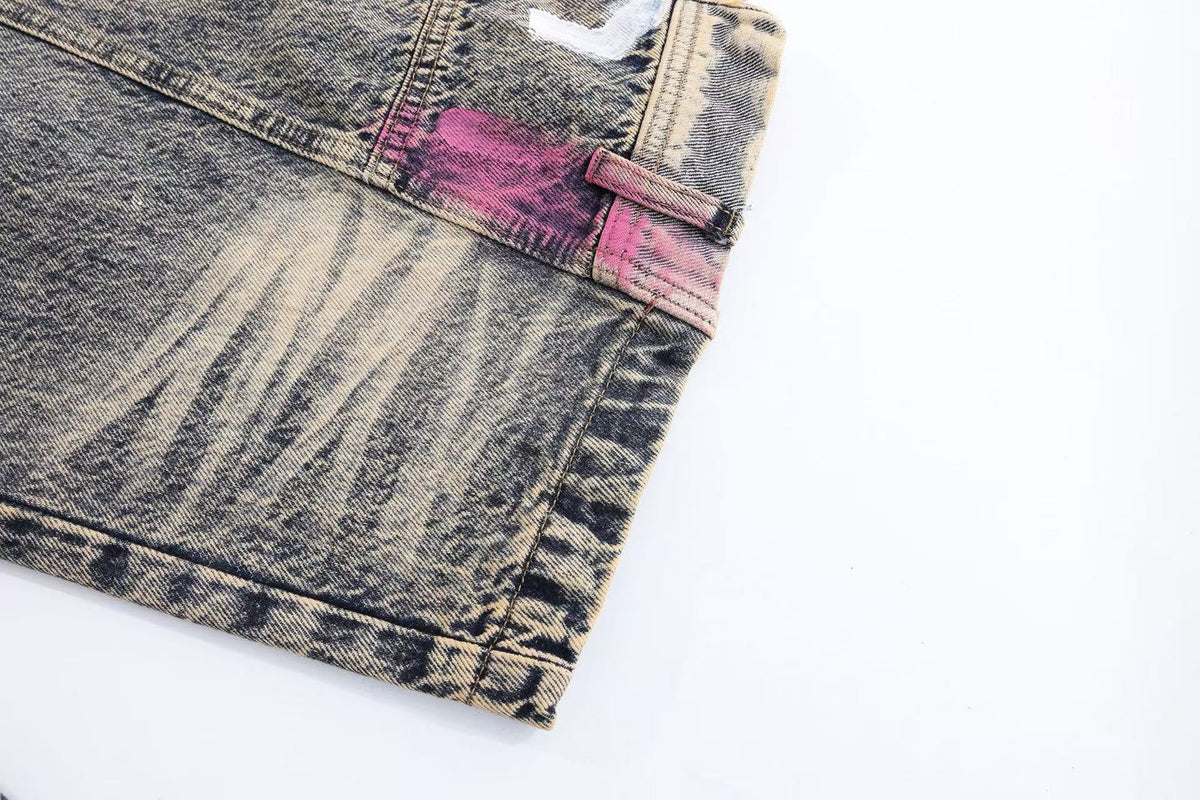 Vintage Washed Graffiti Number Print Multi Patch Pocket Baggy Wide Leg Jeans - OMYGOODS