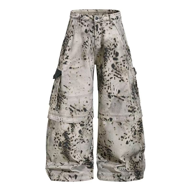 Vintage Speckled Splash Print Multi-Pocket Baggy Wide-Leg Cargo Pants - OMYGOODS
