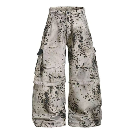 Vintage Speckled Splash Print Multi-Pocket Baggy Wide-Leg Cargo Pants - OMYGOODS