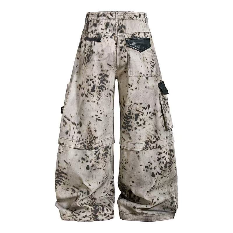 Vintage Speckled Splash Print Multi-Pocket Baggy Wide-Leg Cargo Pants - OMYGOODS