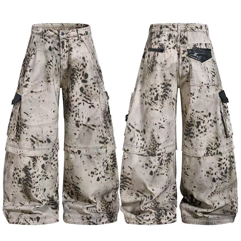 Vintage Speckled Splash Print Multi-Pocket Baggy Wide-Leg Cargo Pants - OMYGOODS