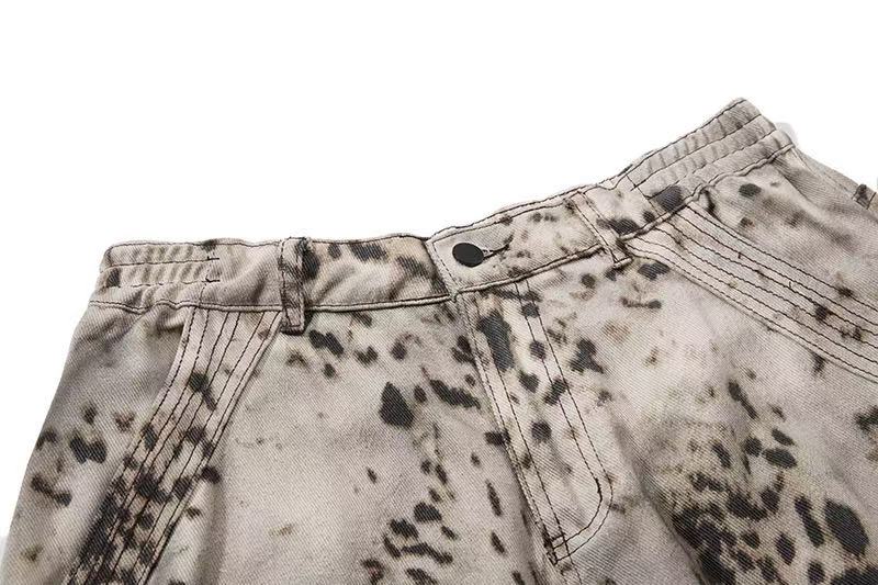 Vintage Speckled Splash Print Multi-Pocket Baggy Wide-Leg Cargo Pants - OMYGOODS