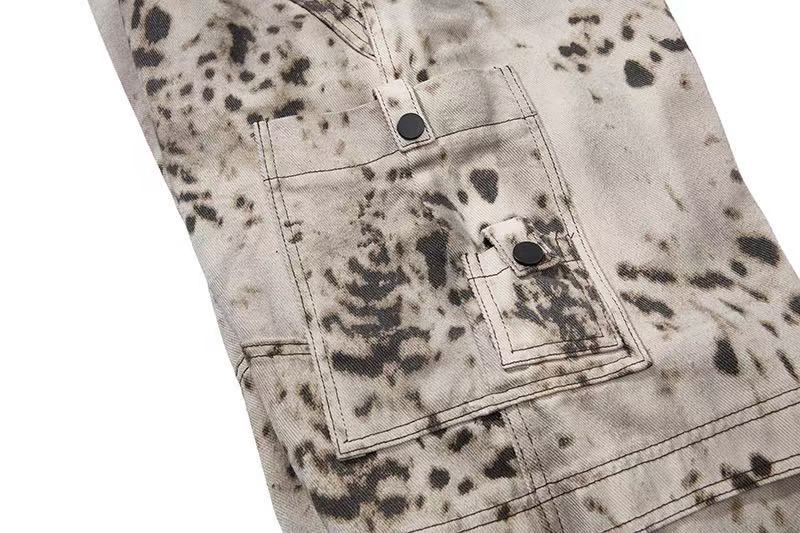 Vintage Speckled Splash Print Multi-Pocket Baggy Wide-Leg Cargo Pants - OMYGOODS