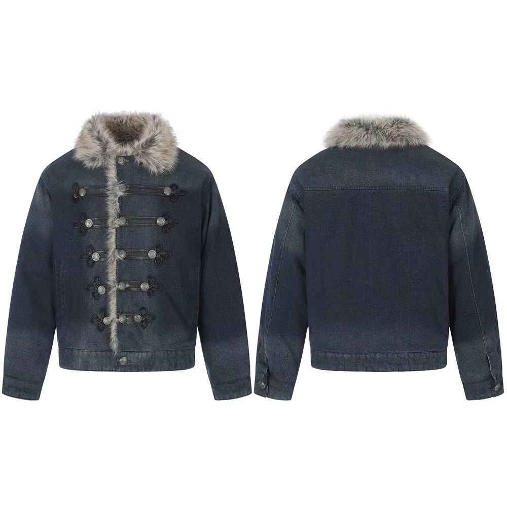 Faux Fur Collar & Frog Toggle Buttons Vintage Washed Denim Jacket - OMYGOODS