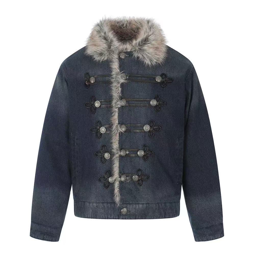 Faux Fur Collar & Frog Toggle Buttons Vintage Washed Denim Jacket - OMYGOODS