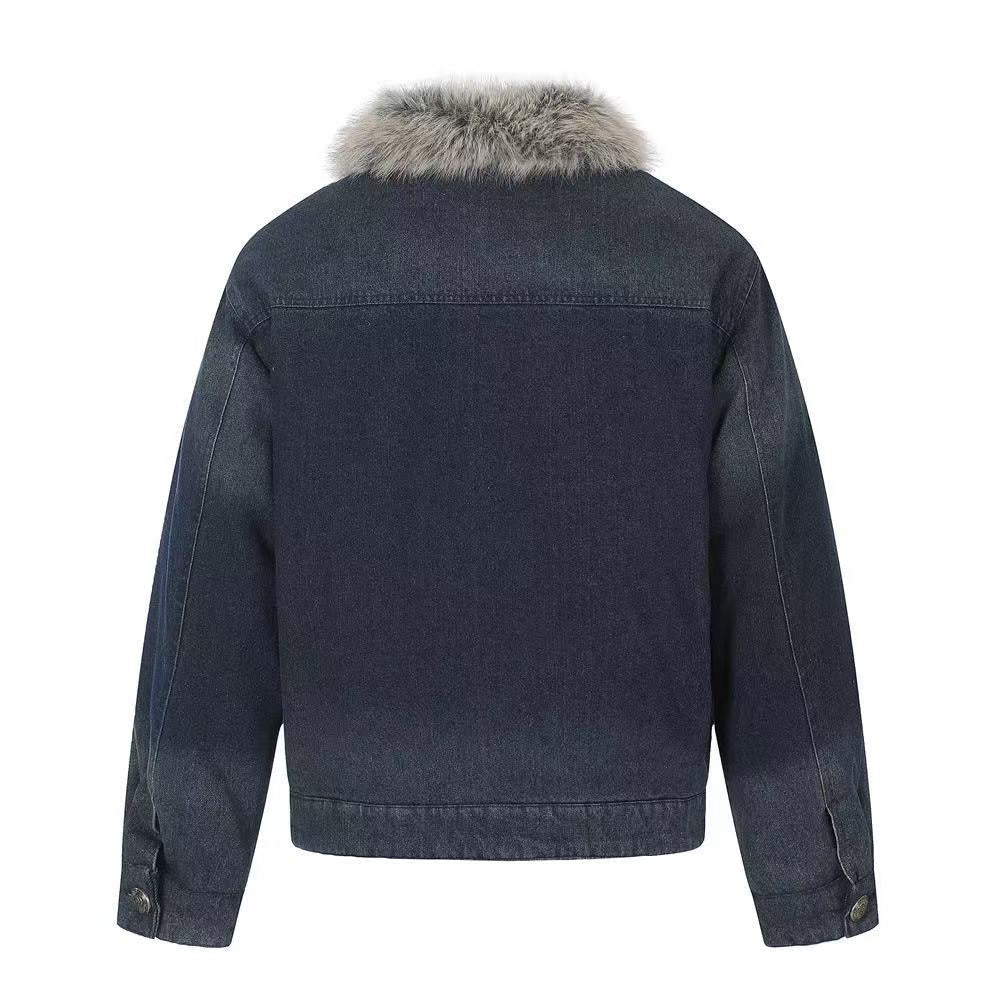 Faux Fur Collar & Frog Toggle Buttons Vintage Washed Denim Jacket - OMYGOODS