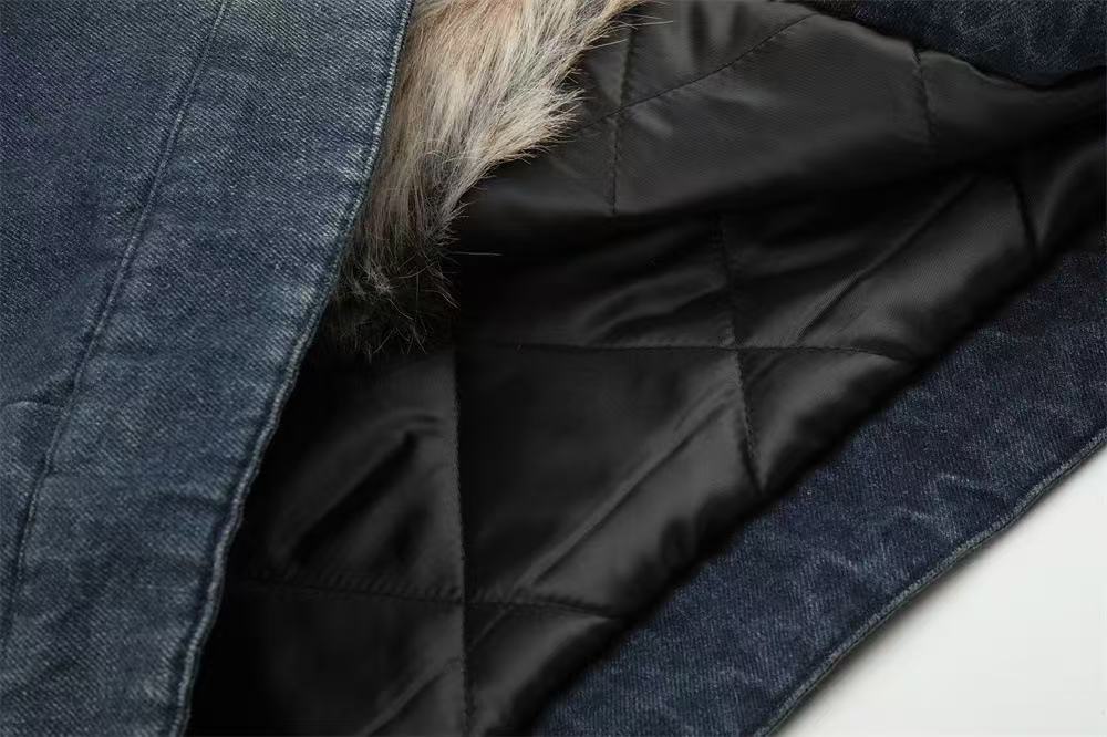 Faux Fur Collar & Frog Toggle Buttons Vintage Washed Denim Jacket - OMYGOODS
