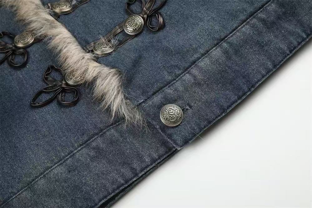 Faux Fur Collar & Frog Toggle Buttons Vintage Washed Denim Jacket - OMYGOODS