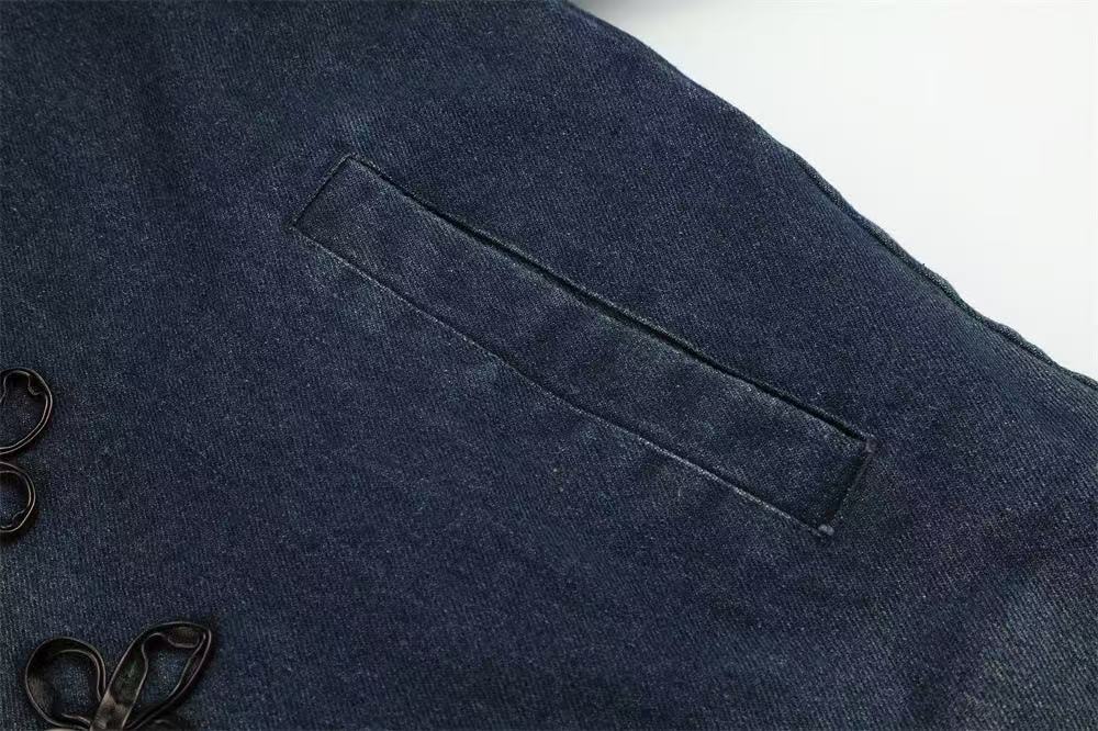 Faux Fur Collar & Frog Toggle Buttons Vintage Washed Denim Jacket - OMYGOODS