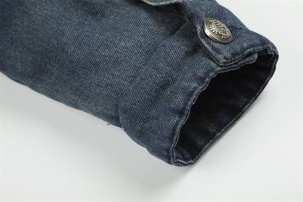 Faux Fur Collar & Frog Toggle Buttons Vintage Washed Denim Jacket - OMYGOODS
