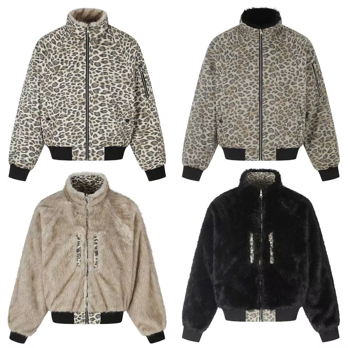 Reversible Leopard Print & Solid Faux Fur Jacket - OMYGOODS