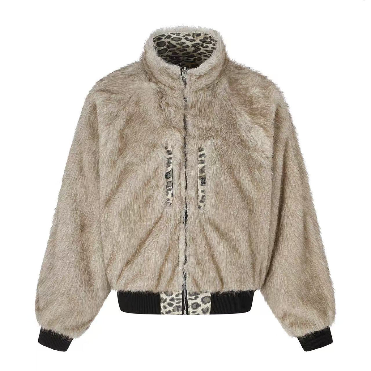 Reversible Leopard Print & Solid Faux Fur Jacket - OMYGOODS
