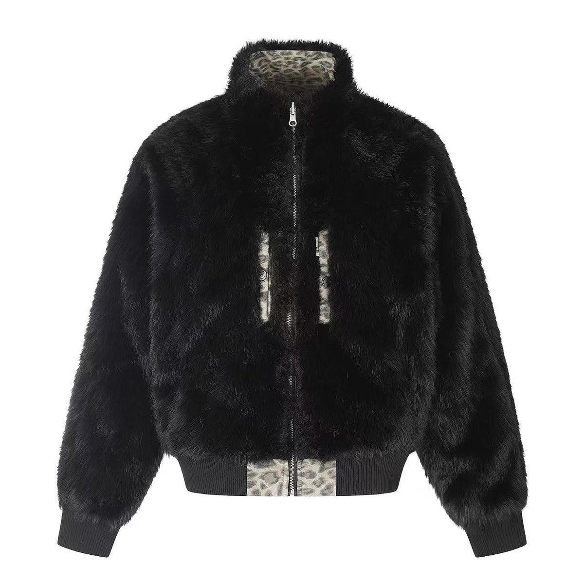Reversible Leopard Print & Solid Faux Fur Jacket - OMYGOODS