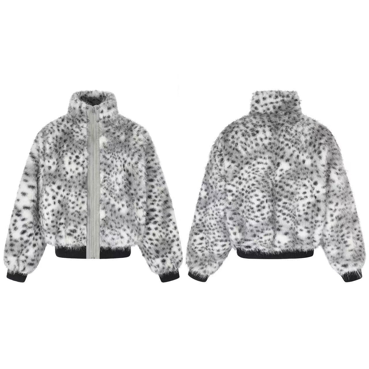 Snow Leopard Print Faux Fur Zip Up Stand Collar Bomber Jacket - OMYGOODS