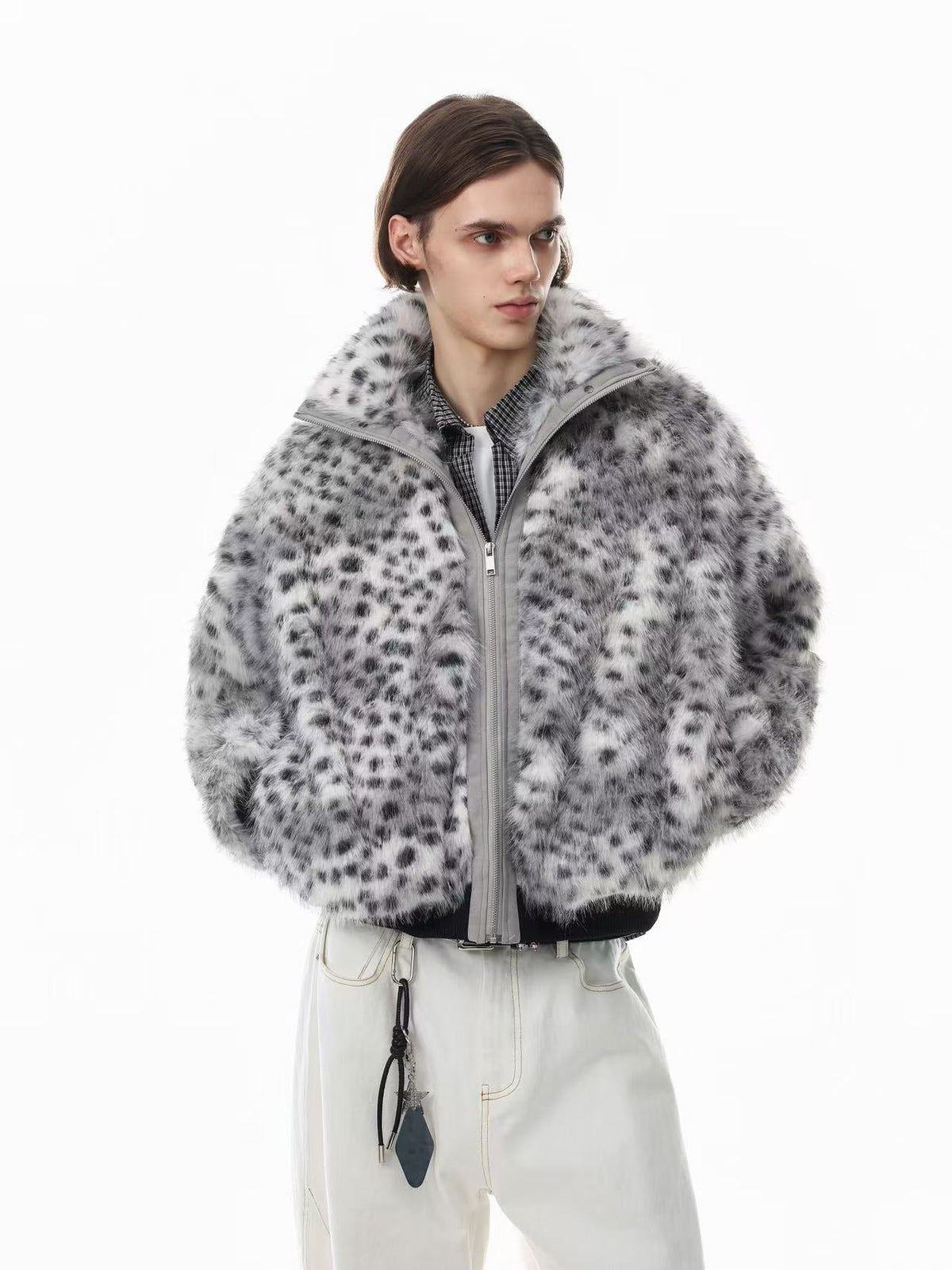 Snow Leopard Print Faux Fur Zip Up Stand Collar Bomber Jacket - OMYGOODS