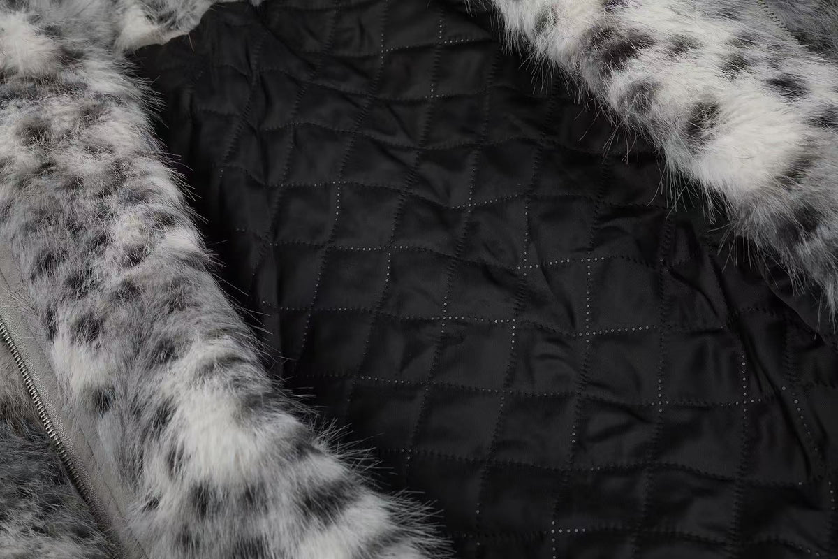 Snow Leopard Print Faux Fur Zip Up Stand Collar Bomber Jacket - OMYGOODS