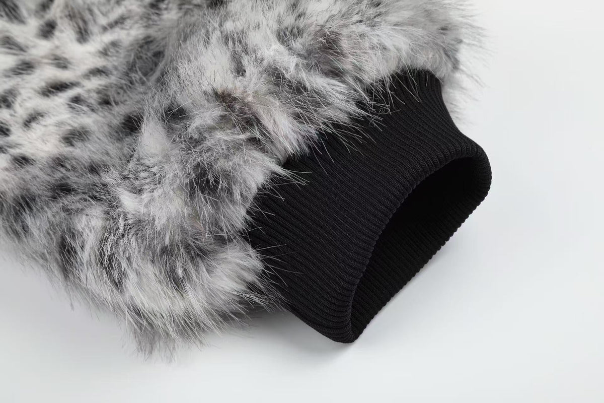 Snow Leopard Print Faux Fur Zip Up Stand Collar Bomber Jacket - OMYGOODS